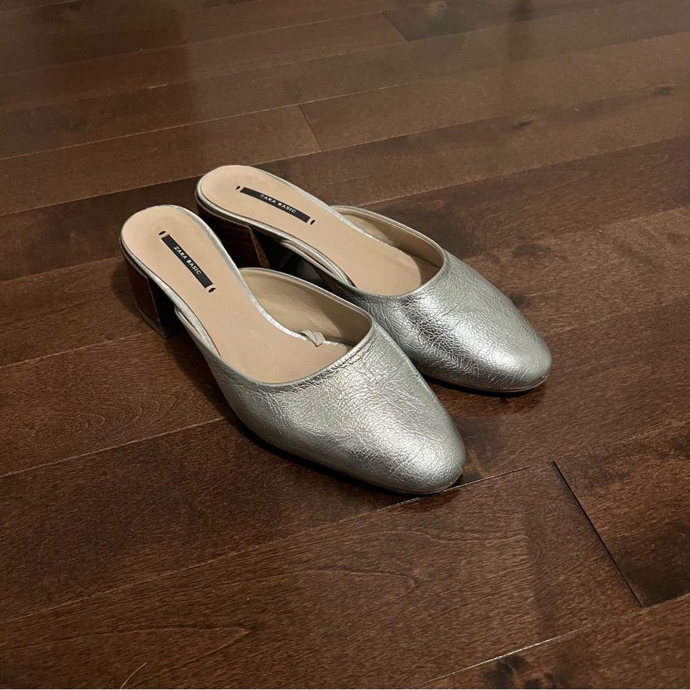 Zara Genuine Leather Silver Mules